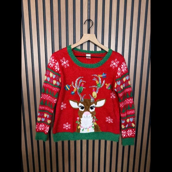 Holiday Time Ugly Sweater Large Plus Womens Red Reindeer Crewneck Pullover - Picture 1 of 10
